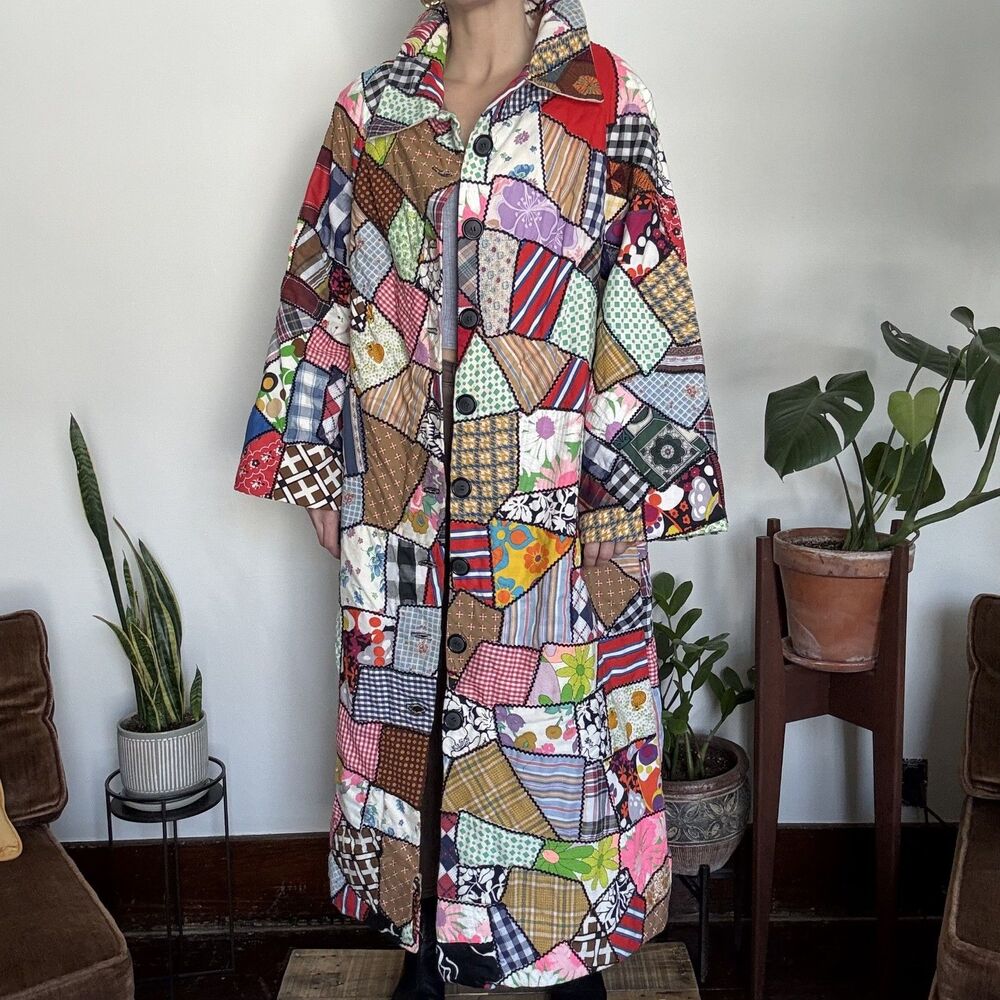Vintage Patchwork Quilt Coat Maxi Duster Boho Prairie Folk Jacket